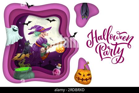 Halloween papier découpé sorcière volante, potion magique et fantôme de bande dessinée. Carte d'invitation de papier découpé de fête de fête de fête d'Halloween, bannière vectorielle ou fond avec des personnages d'horreur, lanterne de citrouille Illustration de Vecteur