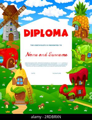 Diplôme d'enfants avec le village de maisons de conte de fées de dessin animé, prix de certificat de vecteur. Diplôme de certificat d'atelier d'école ou de maternelle avec des habitations de gnome ou de fée dans le moulin à vent, pomme ou vieille botte et poire Illustration de Vecteur