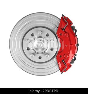 Système de freinage. Disque de frein de voiture avec étrier isolé sur fond blanc. illustration 3d. Banque D'Images
