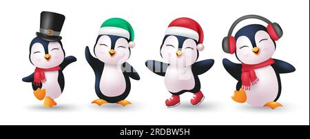 Penguin characters vector set design. Christmas penguins happy smiling character wearing xmas hat, head phone and scarf elements. Vector illustration Stock Vector