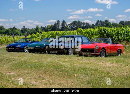 Grandes voitures de sport de différentes générations - Mk1 ma Mazda MX5, MG Midget, MG-F et Mk1 VW Golf GTI Banque D'Images