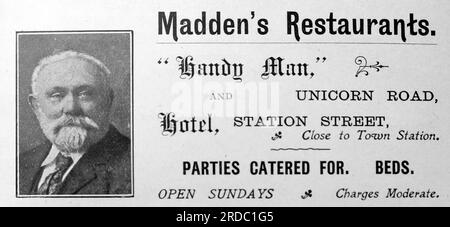 Publicité pour les restaurants Madden de Unicorn Road et Station Street, Southsea. Extrait d'une collection d'annonces imprimées et de photographies datées de 1908 concernant les régions de Southsea et Portsmouth dans le Hampshire, en Angleterre. Certains des originaux n'étaient guère plus que la taille d'instantané et la qualité était variable. Banque D'Images