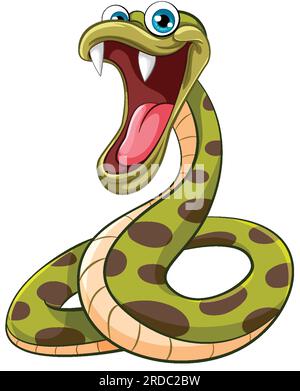 Une illustration de dessin animé d'un serpent à pois vert avec une bouche ouverte et de grandes dents pointues, isolé sur un fond blanc Illustration de Vecteur