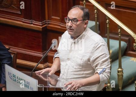 Bruxelles, Belgique. 20 juillet 2023. PS' Ahmed Laaouej photographié lors d'une session plénière de la Chambre au Parlement fédéral à Bruxelles le jeudi 20 juillet 2023. BELGA PHOTO NICOLAS MAETERLINCK crédit : Belga News Agency/Alamy Live News Banque D'Images