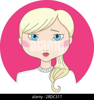 Fille aux cheveux blonds de dessin animé avec les yeux bleus. Avatar de fille dans un cercle. Illustration vectorielle dessinée à la main Illustration de Vecteur