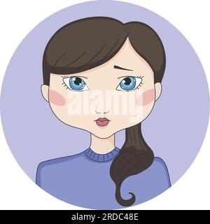 Fille aux cheveux bruns de dessin animé avec des yeux bleus. Avatar de fille dans un cercle. Illustration vectorielle dessinée à la main Illustration de Vecteur