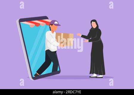 Le courrier masculin de dessin de style plat de dessin de dessin de dessin animé sort de l'écran géant de smartphone avec auvent et donne la boîte de paquet à la cliente féminine arabe. Épicerie fine en ligne Banque D'Images