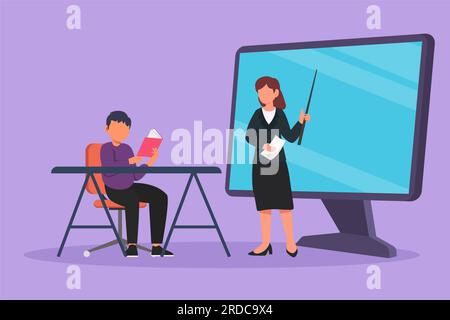 Personnage plat dessin jeune enseignante debout devant l'écran de moniteur tenant le livre et enseignant l'élève masculin du collège assis sur c Banque D'Images