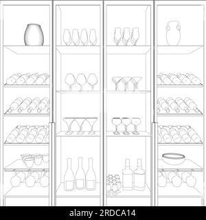 Le contour de l'armoire avec des bouteilles de vin et différents verres sur les étagères de lignes noires isolées sur un fond blanc. Illustration vectorielle Illustration de Vecteur