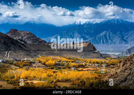 Village à leh automne laisse la toile de fond est l'Himalaya. Banque D'Images