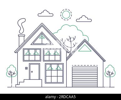 Maison familiale américaine classique. Architecture suburbaine, illustration de ligne vectorielle de villa rurale Illustration de Vecteur