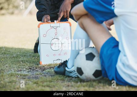 Mains, équipe de football ou entraîneur planifiant une formation avec tactique ou stratégie d'entraînement sur le terrain de sport. Tableau, fitness ou gros plan de l'enseignement du Manager Banque D'Images