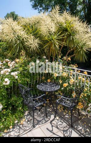 Table et chaises sur un balcon avec rose (L) Ghislaine de Feligonde, (ctr) cordyline australis en fleur et (R) rose Emily Gray Banque D'Images