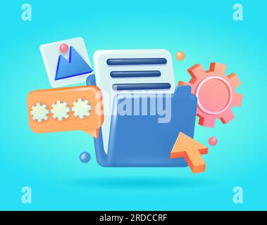 Dossier de documents pour les images, la gestion multimédia et les fichiers système sur le plan de projet, avec élément de bulle texte de mot de passe vectoriel 3D. Convient pour des Illustration de Vecteur