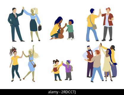 Les gens heureux donnant le geste élevé de cinq mains, illustration isolée plate de vecteur Illustration de Vecteur