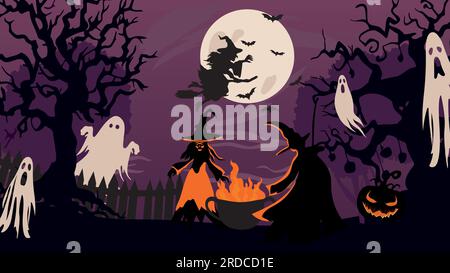 Pleine lune Halloween effrayante sorcières et fantômes près du fond d'illustration vectorielle de dessin animé de chaudron. Illustration de Vecteur