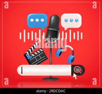 Concept de podcast. Composition de microphone, casque, clapper board, message vocal, barre de conversation et barre de recherche vecteur 3D. Convient pour le Web et Illustration de Vecteur
