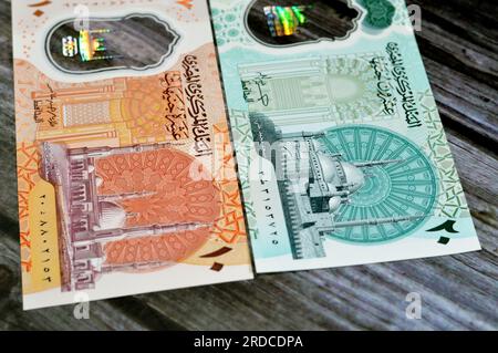 Billets d'argent en polymère égyptien billets d'argent en espèces fond de 20 EGP LE vingt livres et 10 livres Egyptien présente des mosquées de Mohamed Ali et Banque D'Images