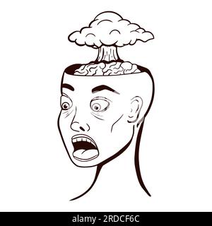 Image de Doodle vectoriel avec la tête humaine avec le cas de cerveau ouvert avec un nuage d'une énorme explosion nucléaire. Concept époustouflant. Illustration de Vecteur