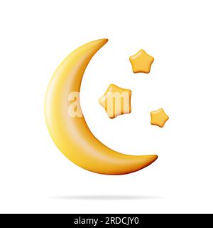 Lune 3D Gold Crescent avec étoiles Illustration de Vecteur