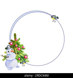 Cadre rond aquarelle de thème de noël avec un arbre de Noël, bonhommes de neige, oiseau d'hiver et cadeaux, illustration de vacances d'hiver, spase pour le texte, main dra Banque D'Images