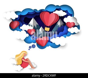 Ciel de style de coupe de papier en couches vectoriel avec des nuages, ballon à air chaud à coeur volant, fille mignonne tombant amoureuse assise sur des nuages moelleux. Doux rêves à propos de l Illustration de Vecteur