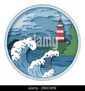 Phare et vagues déchaînées, illustration vectorielle dans le style d'art de papier Illustration de Vecteur