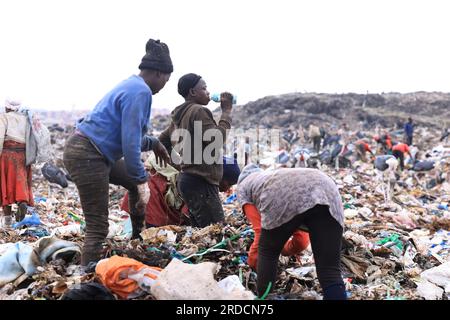 Nairobi, Kenya. 14 juillet 2023. On voit des gens ramasser des matières recyclables à la décharge de Dandora. Le gouvernement du comté de Nairobi prévoit de mettre en place une usine de recyclage qui transformera en énergie les déchets déposés sur la décharge de Dandora. Le vaste site de décharge reçoit environ 2 000 tonnes de déchets par jour, ce qui en fait le site de travail le plus fréquenté pour les récupérateurs de déchets à trouver du plastique et d'autres matières recyclables. (Photo Allan Muturi/SOPA Images/Sipa USA) crédit : SIPA USA/Alamy Live News Banque D'Images