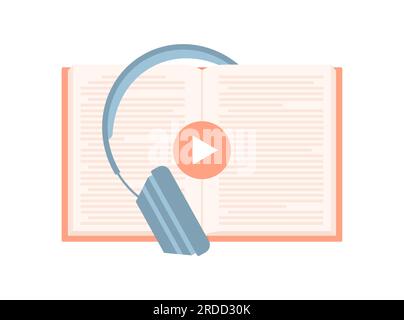 Ouvrez le livre avec des écouteurs et le bouton de lecture isolé sur fond blanc. Illustration vectorielle plate Illustration de Vecteur