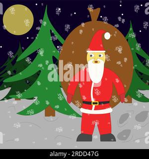 Le Père Noël, avec un sac cadeau, se promène dans une forêt nocturne enneigée. Conception de vacances de nouvel an et de Noël, illustration vectorielle Illustration de Vecteur