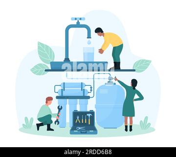 Installation de filtre à eau à la maison illustration vectorielle. Les personnes minuscules de dessin animé du service d'entretien installent le système de purification de l'eau sous le robinet dans la cuisine ou la salle de bains de la maison, réparateur avec clé Illustration de Vecteur