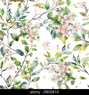 Élégance romantique motif fleuri sans couture avec branche de cerisier aquarelle. Fleurs d'arbre de pomme. Illustration vectorielle Illustration de Vecteur