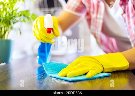 Femme au foyer avec des gants jaunes, essuyer la poussière à l'aide d'un détergent en aérosol et d'un chiffon Banque D'Images