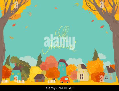 Mignon Cartoon maisons colorées avec des arbres d'automne Illustration de Vecteur