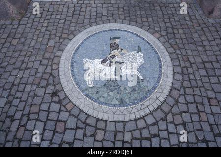 Mosaïque de sol avec un cavalier sur un taureau, musée, chevalier&#39;s maison, Offenburg, Ortenau, Baden-Württemberg, Allemagne Banque D'Images