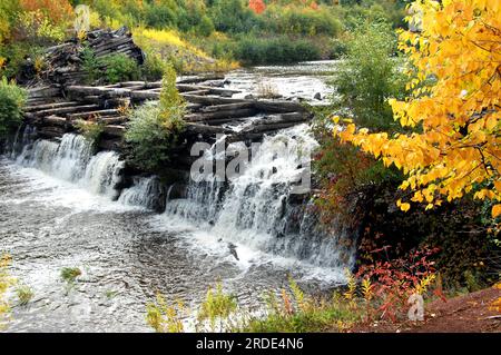 L'eau coule sur le barrage de crèche de bois sur la rivière Salmon Trout dans la haute péninsule, Michigan. Barrage est situé à Redridge. Cadres couleur automne rustique d Banque D'Images