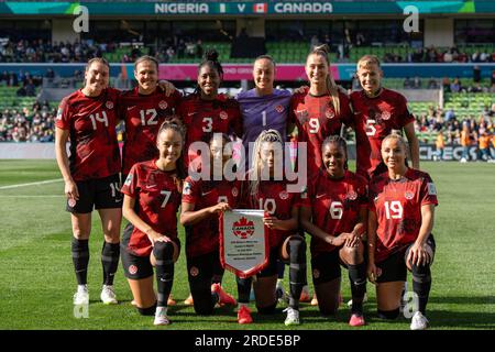 Melbourne, Australie. 21 juillet 2023. Melbourne, Australie, le 21 juillet 2023 : le XI de départ du Canada pose pour la photo de l'équipe lors du match de football de la coupe du monde féminine de la FIFA 2023 entre le Nigeria et le Canada au stade rectangulaire de Melbourne, en Australie. (NOE lamas/SPP) crédit : SPP Sport Press photo. /Alamy Live News Banque D'Images