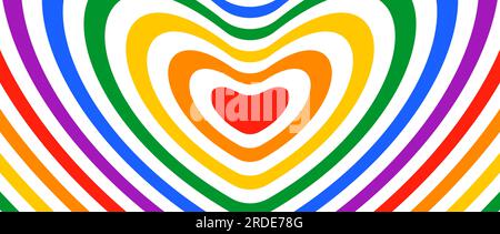 Fond de coeurs hypnotiques groovy. Couleurs arc-en-ciel répétant la conception de coeur dans un style rétro. Fond d'écran horizontal abstrait de fierté lgbt. Concept d'illustration vectorielle Illustration de Vecteur