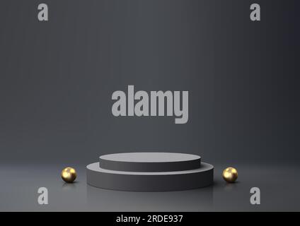 Podium réaliste en noir et gris 3D est décoré de boules dorées sur fond gris et noir. C'est un podium de style de luxe moderne qui serait par Illustration de Vecteur