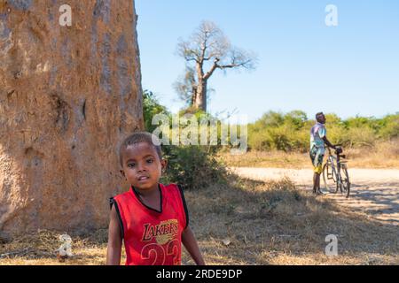 Morondava, Madagascar - 29 mai 2023 : un jeune garçon au bord d'une route avec d'énormes baobabs, Morondava, Madagascar. Banque D'Images