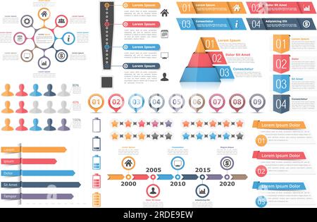 Ensemble d'éléments infographiques - diagramme circulaire, point d'exclamation, zones de texte avec des chiffres et des icônes, diagramme pyramidal, graphique à barres, chronologie, étoiles de notation et o Illustration de Vecteur