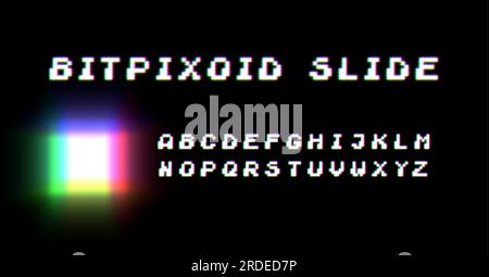 Style rétro 80s avec néon. Jeu vidéo pixel 8bit police. Jeu de caractères latins majuscules, chiffres et signes de ponctuation de style rétro. Illustration de Vecteur