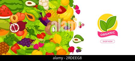 Boutique vendant des aliments et des ingrédients biologiques. Conserver avec des fruits et des légumes, des kiwis et des pamplemousses exotiques, de la grenade et de la papaye, de la pastèque. Site Web b Illustration de Vecteur