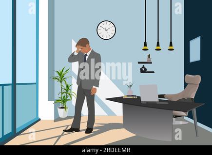Homme d'affaires dans le vecteur de pensée de bureau moderne. Illustration de Vecteur