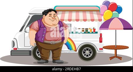 Homme en surpoids devant l'illustration du chariot alimentaire à crème glacée Illustration de Vecteur