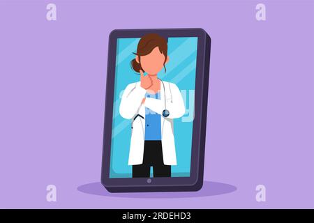 Personnage plat dessinant médecin sort de l'écran du smartphone tout en faisant des pouces vers le haut geste. Concept de médecin consultant en ligne. Santé numérique Banque D'Images