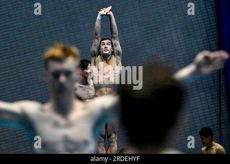 Fukuoka, Japon. 21 juillet 2023. Les athlètes s’entraînent avant la plate-forme préliminaire des 10m hommes lors des 20es Championnats du monde aquatiques à la piscine préfectorale de Fukuoka à Fukuoka (Japon), le 21 juillet 2023. Crédit : Insidefoto di andrea staccioli/Alamy Live News Banque D'Images