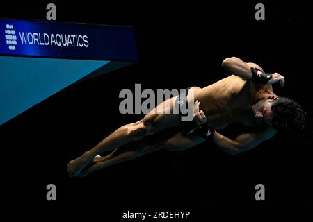 Fukuoka, Japon. 21 juillet 2023. Diogo Silva du Brésil concourt dans le 10m préliminaire de plate-forme hommes lors du 20e Championnat du monde de natation à la piscine préfectorale de Fukuoka à Fukuoka (Japon), le 21 juillet 2023. Crédit : Insidefoto di andrea staccioli/Alamy Live News Banque D'Images