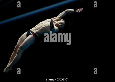 Fukuoka, Japon. 21 juillet 2023. Rikuto Tamai du Japon concourt dans le 10m préliminaire de plate-forme hommes lors du 20e Championnat du monde de natation à la piscine préfectorale de Fukuoka à Fukuoka (Japon), le 21 juillet 2023. Crédit : Insidefoto di andrea staccioli/Alamy Live News Banque D'Images