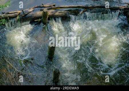 Rivière rapide. Barrage de bois. Eau moussée. Banque D'Images